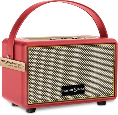 Bennett & Ross BB-820RD Blackmore Junior - Retro Bluetooth Lautsprecher in Lederoptik mit 5200 mAh Akku - Vintage Speaker mit 20W - MicroSD-Eingang mit MP3-Player - 3,5mm Aux-Anschluss - Rot