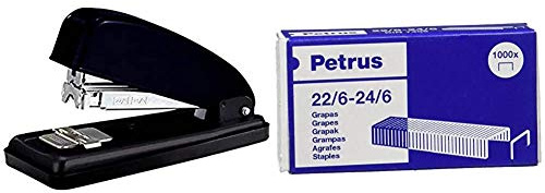 PETRUS 44792 - Grapadora para oficina gama Clásica modelo 226 color negro + Grapas- Caja de 1000 grapas de 22/6-1 caja, 55723