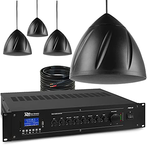 Power Dynamics Pendant Speaker System, Bluetooth Commercial Sound System with Mixer-Amp, 4x 5.25-inch Hanging PA Speakers, Warehouse, Restaurant & Retail Audio Installation, Black