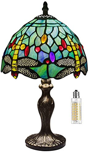 MIAOKE Stained Glass Lamp Table Lamp Stained Crystal Bead Style Table Light, Handmade Desk Bedside Table Night Lamp, Antique Art Craft Gifts Lover Kid Living Room Bedroom Desk Ligh(Green Dragonfly)