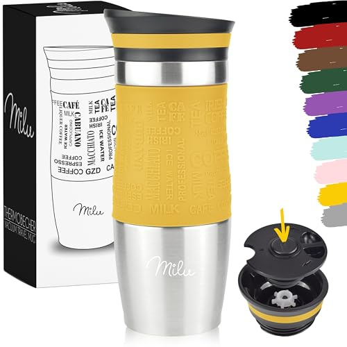 Milu Travel Mug 370ml 450ml - Insulated Coffee Cup to go - 100% Leak Proof - Stainless Steel Drinking Mug - Car Mug Double Wall Insulation Thermo Coffee Flask (Mango, 370ml)