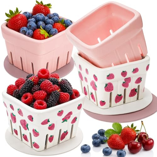 Pumtus 4 Pack Ceramic Strawberry Kitchen Bowl Containers, Square Fruit Bowls, Kawaii Pink & Strawberry Patterned, Rustic Stoneware Berry Colander Bins for Veggie, Berries, Fruits, Farmhouse Home Decor