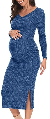 LAHILO Long Sleeve Maternity Sweater Dress for Fall Winter Baby Shower & Photoshoot - Women's Pregnancy Maternity Dresses Blue