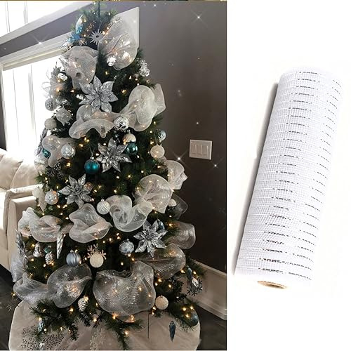 Weihnachtsband, 9.4m Metallic Deco Mesh Band für Kranz Weihnachtsbaum, Metallic Folie Mesh Stoff Weihnachtsband für DIY Party Wrapping Craft