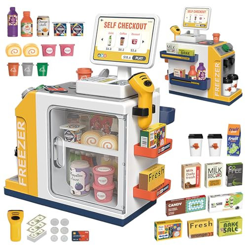 FORMIZON Kasse Spielzeug für Kinder, Supermarkt Registrierkasse mit Scanner, Spielgeld, Kreditkarte, Elektronische Supermarktkasse, Kaufladen Zubehör Rollenspiel Geschenk Jungen Mädchen (gelb)…