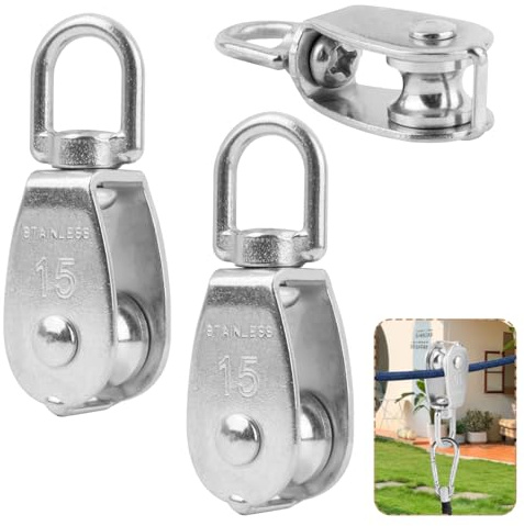 Lot de 3 poulies de renvoi pour cordes - Petite poulie en acier inoxydable M15 - Kit individuel - Câble en acier - Pour cordes de 3 à 8 mm - Pour l'intérieur et l'extérieur - Capacité de charge : 35