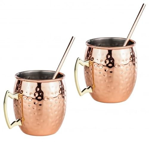 Rungassi Moscow Mule Becher 2'er Set mit Trinkhalmen Cocktail Kupferbecher