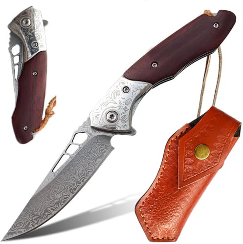 JINPIKER Klappmesser,Damast Taschenmesser mit Damaststahl Klinge, Holzgriff, Liner Lock,Flipper, Messerscheide Leder - Scharf Einhandmesser EDC Messer für Outdoor Survival Camping Jagd