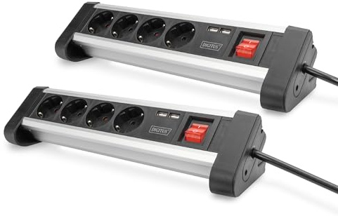 DIGITUS DA-70614-2 – Regleta con Cargador USB - 2 Unidades – 2 Puertos USB-A – 4 Tomas de Corriente con Contacto de protección – con Interruptor – para Escritorio y Montaje en Pared
