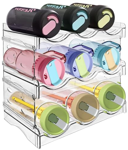 VUL Flaschenregal, Flaschenregal Stapelbarer, Flaschenhalter Kühlschrank Organizer, Wein Kunststoff Flaschenhalter, Flaschen Organizer Schrank 3 Etagen für 9 Flaschen für Küche Arbeitsplatte