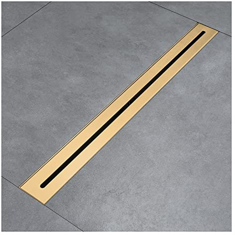 Generisch 23,6 Zoll linearer Duschablauf, Bodenablauf, rechteckiger linearer Ablauf aus Edelstahl 304 mit Haarfänger, Duschablauf, hoher Durchfluss, gebürstetes Gold