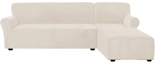 KYJSW Sofabezug Ecksofa L Form 2 Stück Couch Überzug Samt Stretch Waschbar Abnehmbarer Universal Sofa Überwürfe Couchbezug Sofahusse (Beige,Rechte Chaise+2 Sitzer)