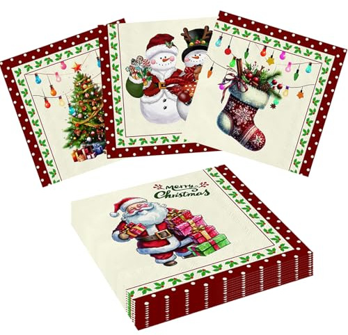Wentsent Serviettes de Noël, 40 pièces Serviettes de Noël avec motifs de sapin de Noël, bonhommes de neige, Père Noël, décoration de table de Noël, serviettes jetables d'hiver pour Noël Nouvel An