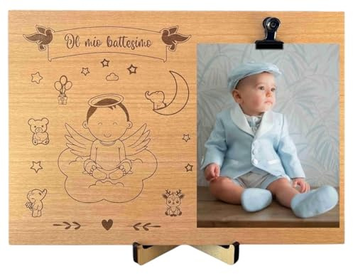 Portafoto battesimo bimbo, Cornice da tavolo in legno, Quadretto con molletta per feste ed eventi, Cornice moderna con dedica, Idea regalo battesimo (Battesimo Bambino)
