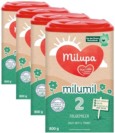 Milupa Milumil 2 – Folgemilch – Baby-Milchpulver – Nach dem 6. Monat – Passender Begleiter zur Beikost mit wichtigen Nährstoffen – Ohne Palmöl – 1 x 800 g (Packung mit 4)