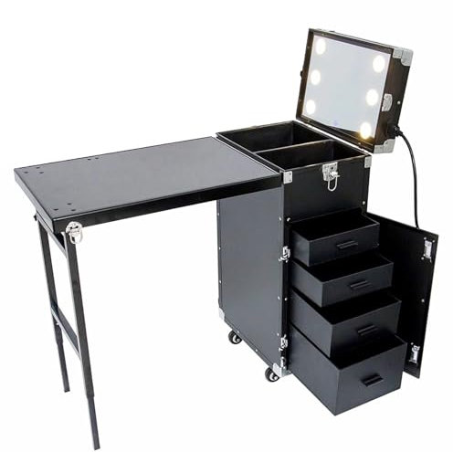 Tavolo Per Manicure, Custodia Professionale Per Trucco Con Rotelle, Trolley In Alluminio Con Ruote Girevoli A 360°, Con Cassetti Scorrevoli Per Postazione Di Lavoro Mobile, Tecnico Per Unghie,Black