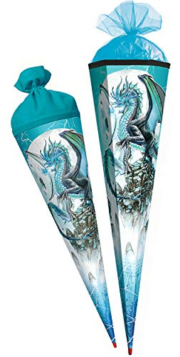 Schultüte - Drache/Eisdrache - 35-100 cm - Größe wählbar - rund - Tüllabschluß - Zuckertüte - mit/ohne Kunststoff Spitze - Roth - Jungen Junge - Drachen..