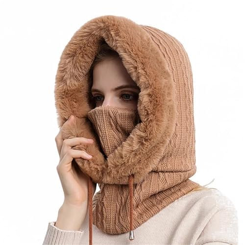 Kapuzenschal Damen Wintermütze, Maskenset, mit Kapuze for Damen, gestrickt, Kaschmir, Hals, warm, Outdoor, Ski, Winddicht, Mütze, Dicker Plüsch, Flauschige Mützen(Khaki)