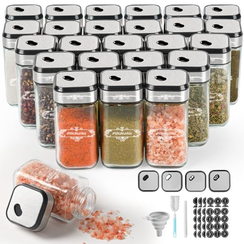 Kryddburkar i glas, set 24 × 120 ml Kryddförvaringsburkar med förstärkt lufttät förslutning och lock i rostfritt stål, etikett