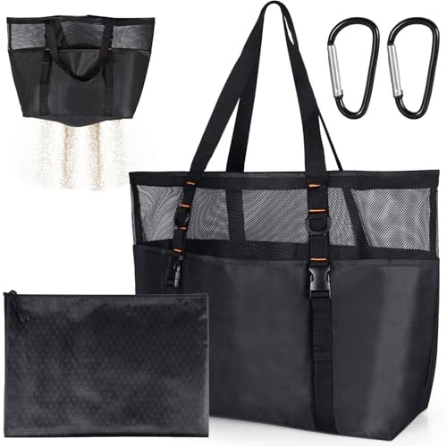 TOPCZY Strandväska med dragkedja, stor storlek XXL, shopper, stor badväska, dam, strandväska, xxl, familj, loopshopper för strand, resor, leksaksförvaring, gym, svart, svart