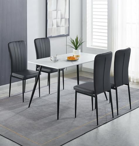 Hallowood Furniture Cullompton 120x70cm Small Dining Table and Chairs Set 4 | White Marble Effect Top Kitchen Table and Chairs Upholstered in Black Faux Leather and Metal Legs, Dinner Set for 4 People