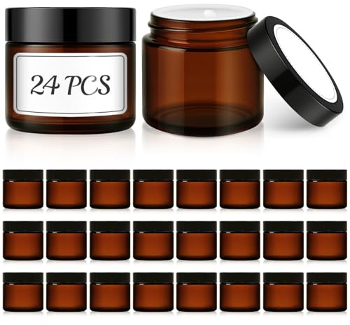 Bumobum 2 oz Small Glass Jars with Lids, 24 Pack Amber Glass Cosmetic Jars with Inner Liners, 60ml Round Empty Sample Containers for Lotion, Cream, Salve, Powders and Ointments Storage