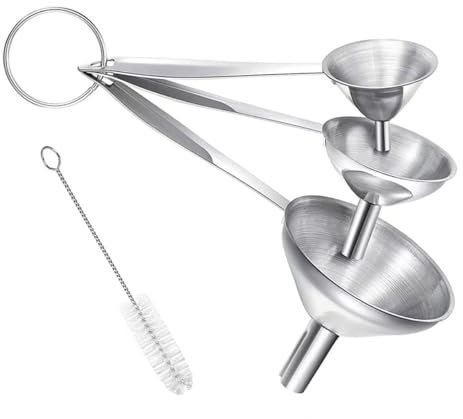 KeuLen Embudo de Acero Inoxidable, embudos de Acero Inoxidable con Cepillo de Limpieza, Juego de 4, Juego de embudos pequeños for transferir aceites Esenciales, líquidos, fluidos y Especias