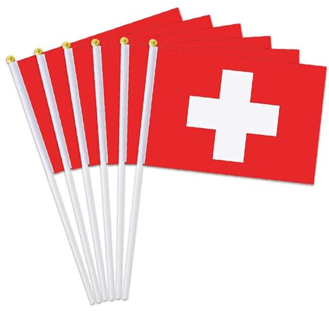 Piccola bandiera della Svizzera, confezione da 12 mini bandiere svizzere tenute in mano per parate esterne festa patriottica 4 luglio decorazioni (Svizzera)