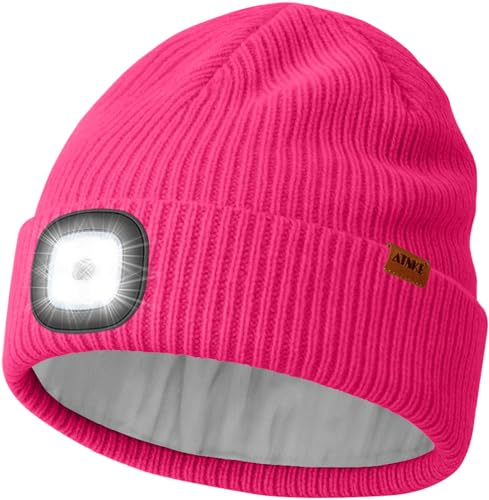 ATNKE LED Beleuchtete Mütze mit Licht Fleece Gefüttert, USB Wiederaufladbare 4 LED Laufmütze Freihändig Stirnlampe Winter Warm Wollige Totenkopf Mütze Geschenke für Herren und Damen