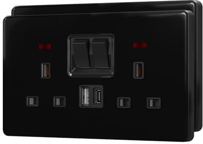 BSEED Double Socket with 20W USB-C Fast Charging,Glass Switched Wall Sockets,13A Electrical outlets with LED Indicator,Screws Included,2 Gang(20W)-2 Pack,146mm Black