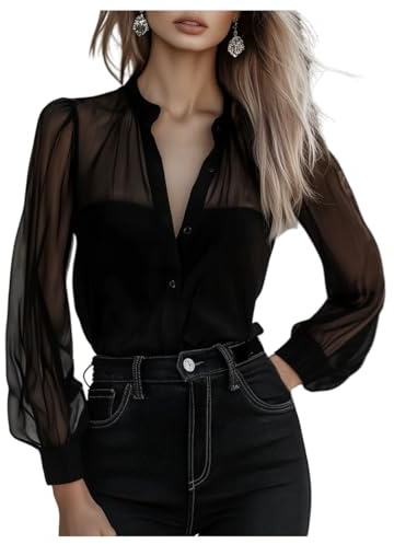 GORGLITTER Women's Sheer Button Up Blouse Tops Dressy Business Casual Fall Mesh Long Sleeve Button Down Work Shirt Top Black Medium