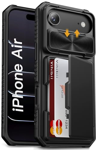 Vihibii for iPhone Air Case with Card Holder (4 Cards), Black | Slide Camera Cover, Military Drop & RFID Protection, Heavy Duty, shockproof Silicone Wallet Phone Case for iPhone 17 Air 6.6