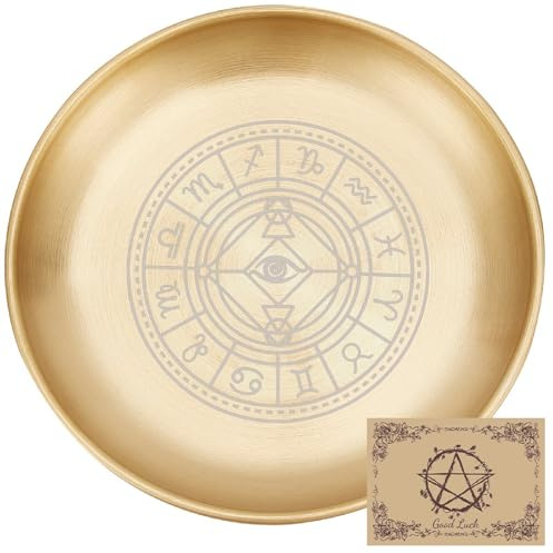 CREATCABIN Constellation Ritual Plate Altar Stainless Steel Flat Bowl Round Golden Tray Offering Bowl Dish Candle Holder Jewelry Dish for Smudging Incense Burner Meditation Tarot 5.55Inch