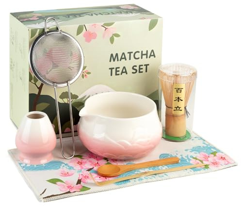 MOFELON 7 Pcs Matcha Set,Matcha Kit,Matcha Whisk and Bowl,Matcha Tea Set with Ceramic Bowl,Bamboo Whisk/Holder/Scoop/Sifter, Gift for Matcha Lover (Pink)