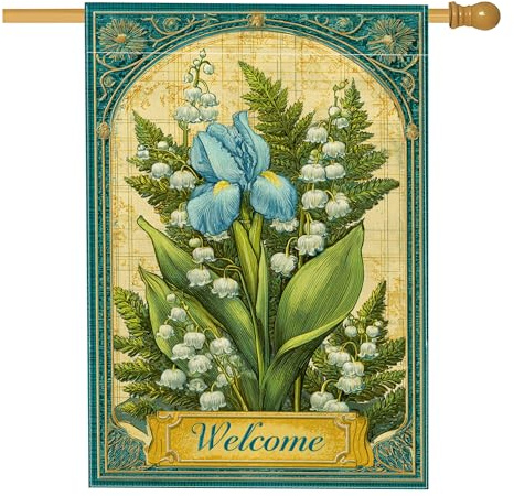 Drapeau de jardin de bienvenue, iris bleu et lys - Décoration extérieure double face en toile de jute pour décoration de pelouse de printemps et d'été - 71 x 101 cm