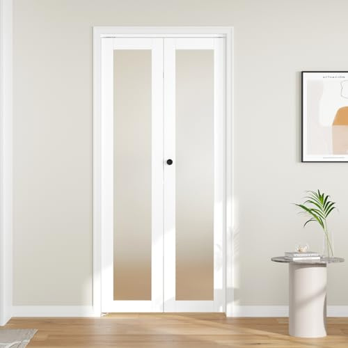 CEAKIAN 36 x 80 Bifold Closet Doors, Full Lite Frosted Glass Panel with Hardware Kit, Preassembled Interior Closet & Pantry Door, Water-Proof PVC Surface, Easy Assembly, White