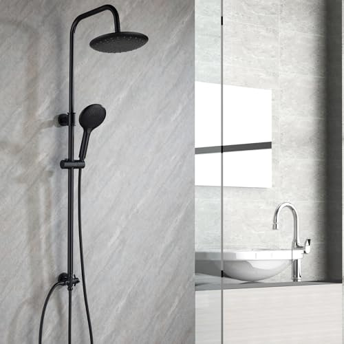 Ronvie Regendusche Schwarz ohne Armatur, 23cm Regendusche Duschkopf | Rund 3 Strahlarten Duschkopf, Duschsystem ohne Armatur Höhenverstellbar Duschstange von 79-128cm für badewanne kabine