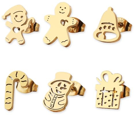 Ohrringe Weihnachten, 6 Paar Weihnachtsohrringe Damen, Festlicher Weihnachtsschmuck für Kinder und Frauen, Christmas Earrings für Weihnachtsfeiern und Geschenke, Goldene Ohrstecker Weihnachten