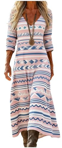 Mfhmom Vestito Lungo Donna Estivo Lino Cotone Manica 3/4 Scollo a V Stile Boho Hippie Vintage Abito Maxi Etnico Geometrico Caftano da Spiaggia Mare Casual Largo Taglie Forti Comodo Vacanza