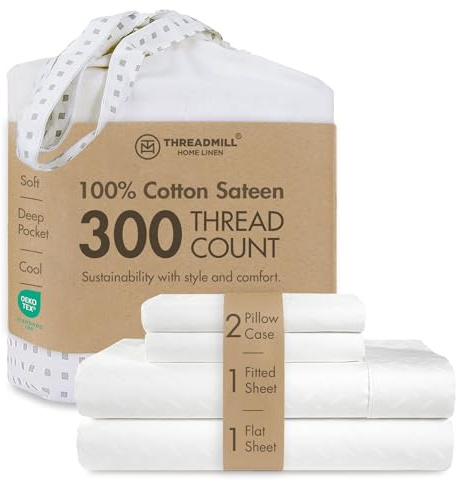 Threadmill Juego de sábanas de algodón tamaño Queen, sábanas 100% algodón para Cama tamaño Queen, Juego de sábanas de Jacquard Damasco con Bolsillo Profundo de 40.6 cm | Juego de Ropa de Cama