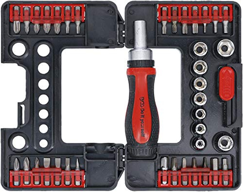 BGS Diy 20138 | Bit-/Steckschlüssel-Satz | Ratschen-Drehgriff | 38-tlg. | Umschaltbar | Bitprofile PH, PZ, Schlitz, Innensechskant, Vierkant | T-Profil (für Torx) | Sechskant SW 4 - 12 mm