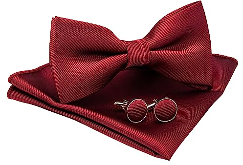 JEMYGINS Flache Textur Fliege Einfarbig und Einstecktuch mit Manschettenknöpfe Sets für Herren,weinrot 2