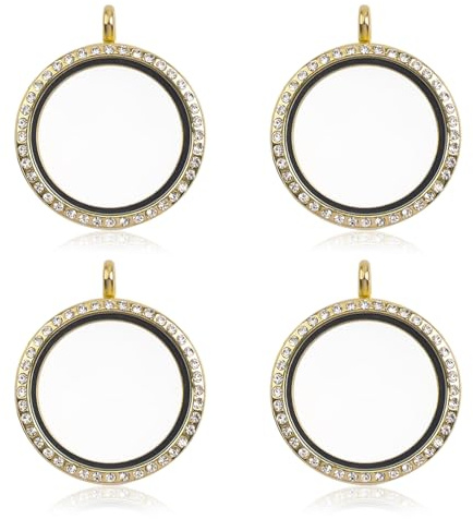 WANDIC Strass Foto Charm, 4 Stück Gold Farbe Rund Kristall Foto Anhänger Braut Hochzeit Bouquet Charms Memory Medaillon für 2 Bilder (4 Stück Gold)