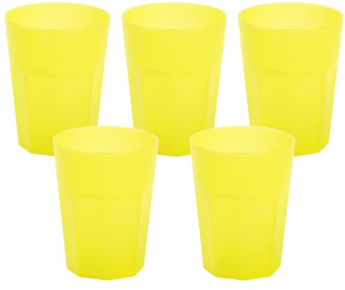 Engelland - 5 x Plastikbecher, Trinkbecher, Gelb, Frostoptik, 400 ml, Eichstrich, bruchfest, stapelbar, Mehrweg, Kunststoff, wiederverwendbar, Party-Becher, Trink-Glas