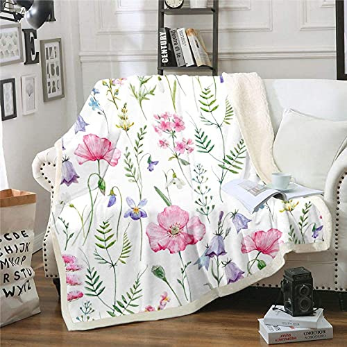 Loussiesd Pink Poppy Sherpa Fleece Throw Blanket - Floral Printed Plush Ultra Soft Colorful Wild Flowers Fuzzy Single 50x60