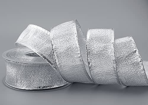 finemark 25 m x 40 mm Dekoband Silber Brokatband Brokat Stoffband glänzend mit Drahtkanten Geschenkband Schleifenband Deko Band Geschenkverpackung Weihnachten Advent