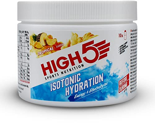 HIGH5 Hydration Energy Drink Powder | Isotonic Electrolyte Hydration | 28 g Carbs | 25mg Magnesium | Added Postbiotics | Zero Fat | (Tropical, 300g)