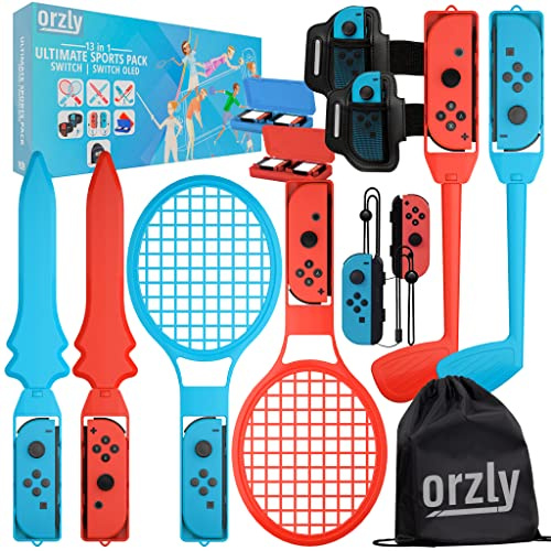 Orzly Switch Sports Pack Zubehörpaket für Nintendo Switch & Switch OLED-Sportspiele mit Tennisschlägern, Golfschlägern, Chambara-Schwertern, Fußball-Beinriemen und Joycon-Griffen – mit Tragetasche