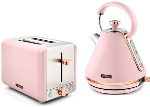 Tower Cavaletto Pink 1.7L 3KW Pyramid Kettle & 2 Slice 850w Toaster. Contemporary Matching Kettle & 2 Slice Toaster Set in Pink & Rose Gold