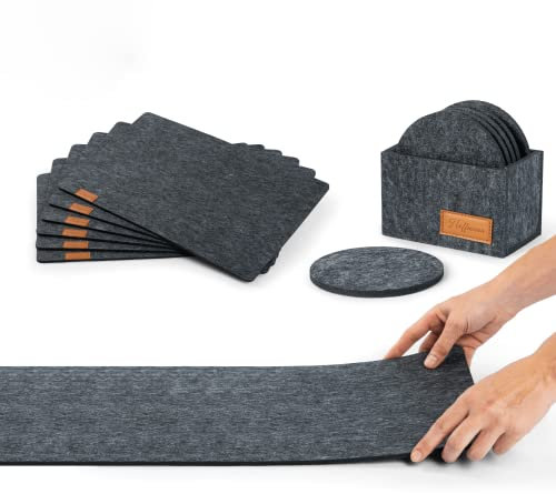 Tischset abwaschbar aus Filz anthrazit I 6 Platzsets, 10 Glas Untersetzer und Tischläufer im Vorteils-Set I